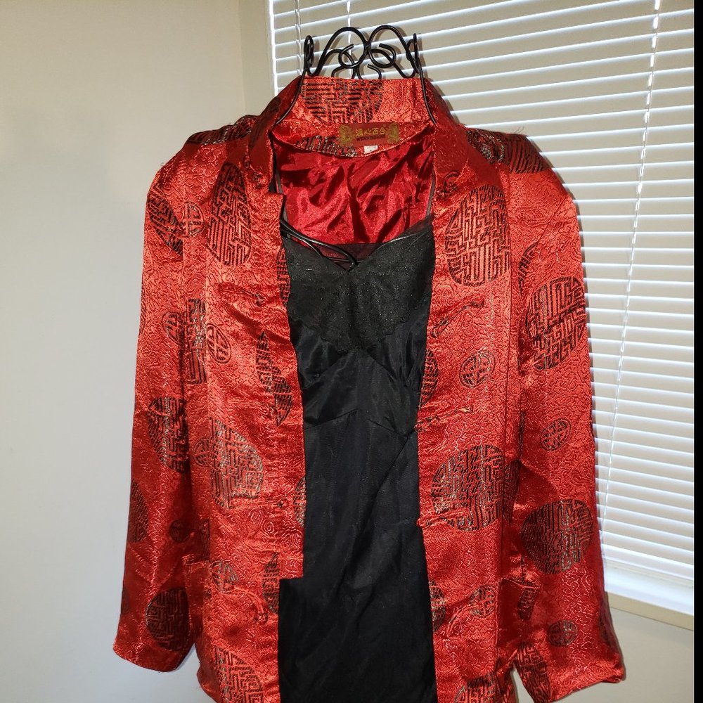 SOLD Vtg Candy Apple Red Silk Chinese Jacket Unisex Blazer Mandarin Collar M